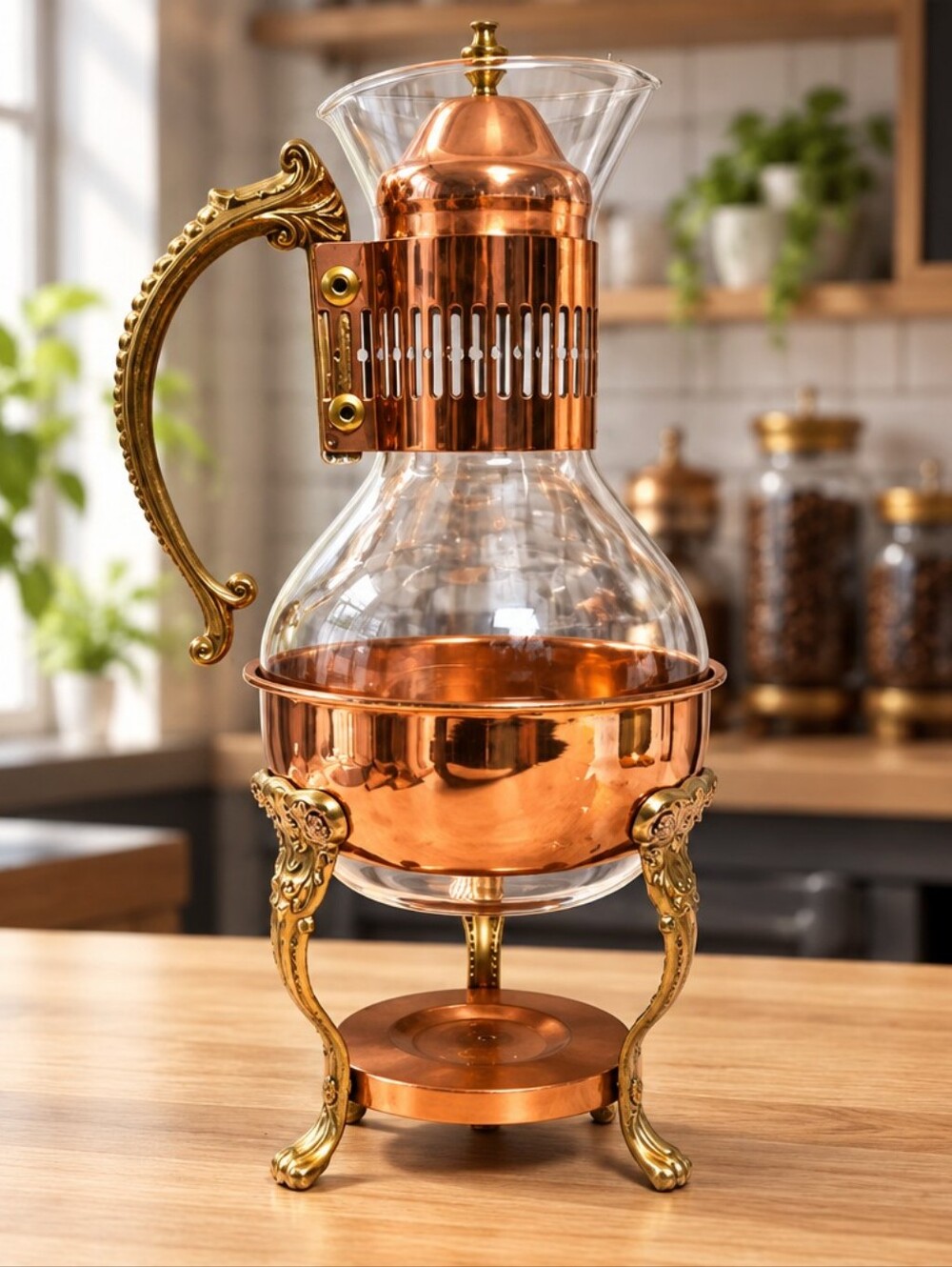 Princess House Copper-Tone Glass Coffee Carafe W/Server  Ornate Handle/Stand